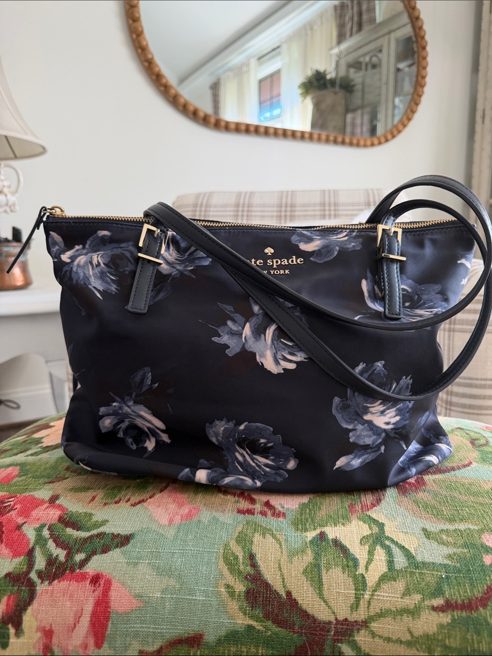 kate spade Blue  Floral Shoulder Bag with Gold Hardware
